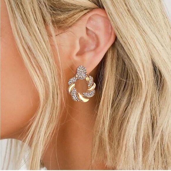 Yellow Gold with White Diamond Crystal Twisted Round Post Statement Earrings - Picture 3 of 5